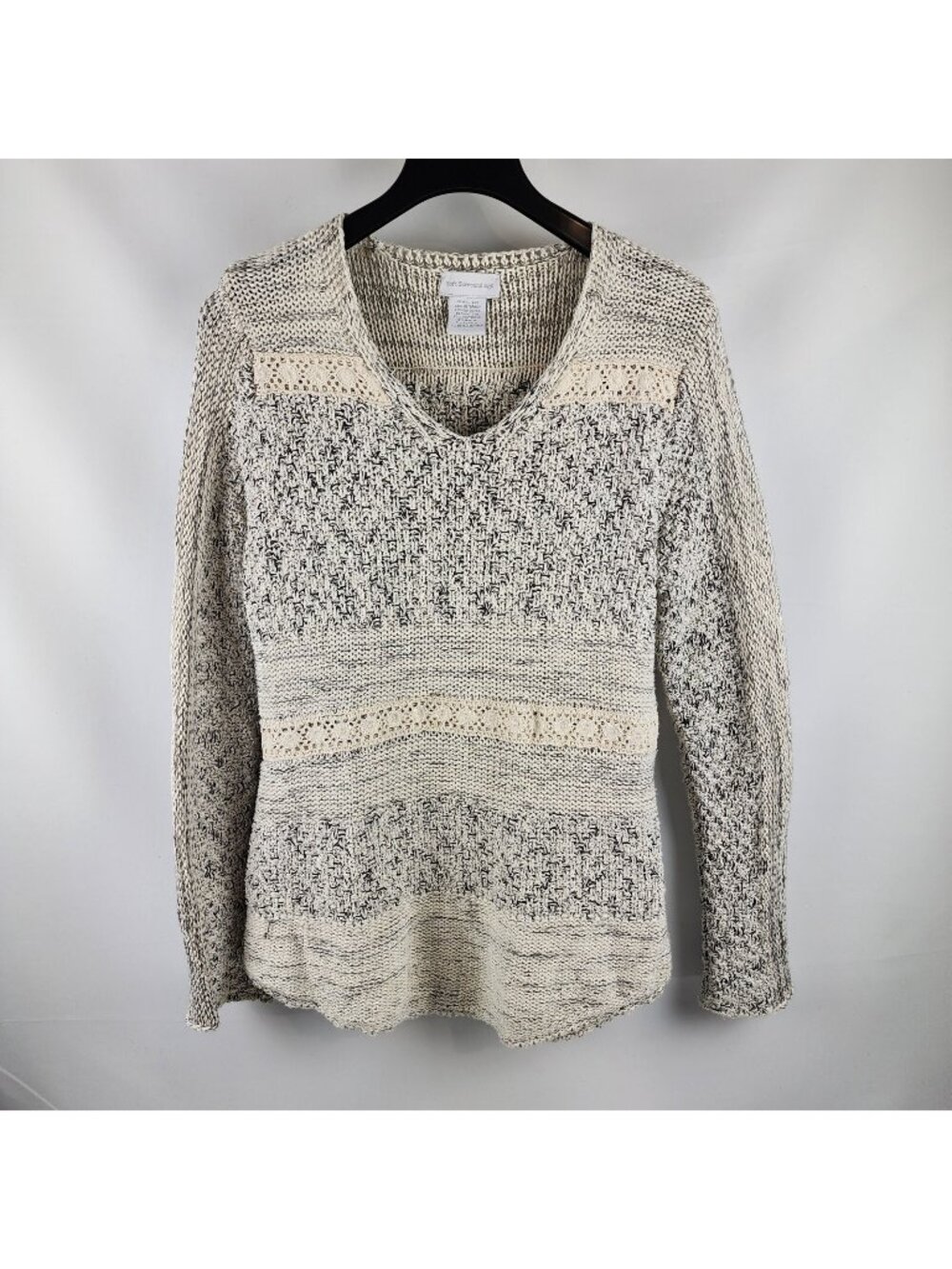 SOFT SURROUNDINGS Sweater Beige Black Silver Knit Crochet V Neck Cotton Size L